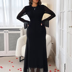 Elasticated Waist Flared Sleeves See-Through Solid Color Split-Joint Round-Neck Maxi Dresses
