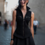 Sculpted Sleeveless Moto Vest-Dress With High Funnel Neck