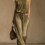 Leopard Print Sleeveless Top And Velvet Trousers Set