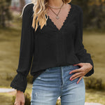 Zeagoo Zeagoo Women's Crochet Lace Basic V-Neck Shirts Elegant Long Sleeve Tunic Blouse Tops