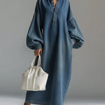 Long Sleeves Loose Buttoned Pockets Solid Color V-Neck Maxi Dresses