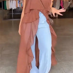 Solid Color V-neck Ruffled Irregular Loose Top