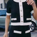 Fashionable Contrast Color Knitted Short-sleeved Button-down Top