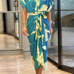 Elasticated Waist High Waisted Buttoned Pleated Solid Color Split-Joint Tied Waist Lapel Maxi Dresses Shirt Dress