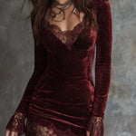 Sparkling Velvet Lace-Trim Mini Dress – Spiced Wine Red
