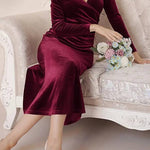 Solid Velvet Long Sleeve V Neck Slim Fit Fishtail Maxi Dress
