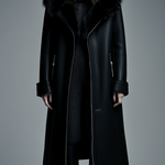 Women Fur Trim Warm Lined Hooded Eco Leather Trench Coat
