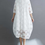 Half Sleeves Loose Hollow Solid Color Round-Neck Midi Dresses