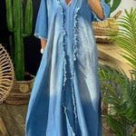 Ursime Denim Raw Trim V Neck 3/4 Sleeve Maxi Dress