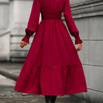 A-Line Flared Sleeves Elasticity Pleated Solid Color V-Neck Midi Dresses
