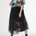 A-Line Loose Buttoned Hollow Mesh Printed Split-Joint Lapel Midi Dresses