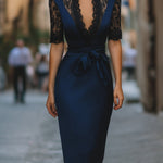 Elegant Lace-Trim V-Neck Belted Midi Dress