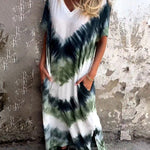 A-Line Loose Contrast Color Pockets Tie-Dyed V-Neck Maxi Dresses