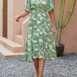 A-Line Half Sleeves Buttoned Contrast Color Pleated V-Neck Midi Dresses