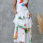 REFRESHING FLORAL PRINT BACK LACE-UP MULTI-TEIR RUFFLE HEM MAXI DRESS