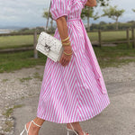 Striped Bud Sleeve V-Neck Belted Waist Dress
