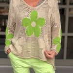Floral Knitted Hollow V-neck Shirt Floral Mesh Sweater