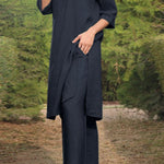 Cotton and linen V-neck 3/4 sleeve wide brimmed pants 2-piece set