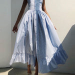 A-Line Loose Buttoned Pleated Ruffle Trim Striped Square-Neck Maxi Dresses