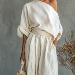 Women's Off-white Linen Off-shoulder Loose Casual Top And Tapered Pants Set