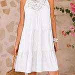 A-Line Loose Hollow Pleated Solid Color Split-Joint Round-Neck Mini Dresses