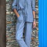 Casual Solid Color V-Neck Shirt & Pants Cotton Linen Two-Piece Set