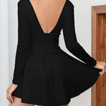 A-Line Elasticated Waist Backless Pleated Solid Color Split-Joint Deep V-Neck Mini Dresses