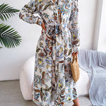 Long Sleeves Buttoned Flower Print Tied Waist Lapel Maxi Dresses