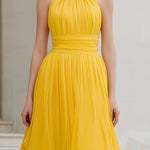 Yellow Halter Neck Pleated Chiffon Maxi Dress With Tiered Hem
