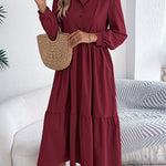 High Waisted Long Sleeves Pleated Ruffled Solid Color Lapel Midi Dresses Shirt Dress