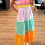 Multicolor Colorblock Self Tie Straps High Waist Flowy Maxi Dress with Pockets