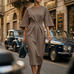 Batwing Sleeves Elasticated Waist Pleated Solid Color Split-Joint Round-Neck Midi Dresses
