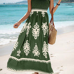 A-Line Loose Elasticity Pleated Printed Split-Joint Square-Neck Maxi Dresses