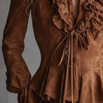 Vintage Caramel Eco-Suede Ruffle Blouse With Lace Trim