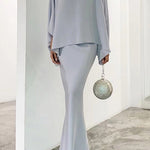 Batwing Sleeves Pearl Solid Color Round-Neck Shirts&Skirts Suits