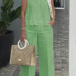 Cotton and Linen Sleeveless Top and Wide-Leg Pants Two-Piece Set