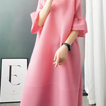 A-line Flared Sleeves Pleated Solid Color Round-neck Maxi Dresses Midi Dresses