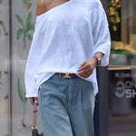 Long Sleeves Loose Solid Color One-Shoulder T-Shirts Tops