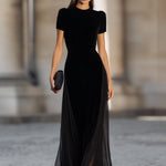 Short Sleeve Floor-Length Dress With Sheer Flowing Skirt