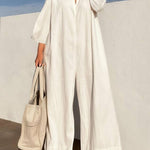 Loose Three-Quarter Sleeves Solid Color Lapel Jumpsuits