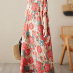 Loose Short Sleeves Printed V-Neck Maxi Dresses