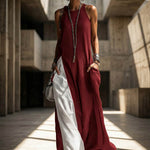 Loose Sleeveless Contrast Color Pockets Split-Joint Spaghetti-Neck Maxi Dresses
