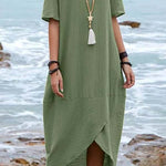 Solid Color Cotton Linen Retro Round Neck Short Sleeve Midi Dress
