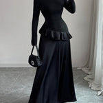 A-Line High Waisted Ruffle Trim Solid Color Split-Joint Round-Neck Maxi Dresses