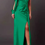 One-shoulder satin twisted high-slit maxi dress