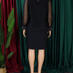 Puff Sleeves Beads Mesh Solid Color Split-Joint Round-neck Midi Dresses