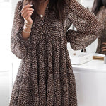 Long Sleeves Loose Buttoned Leopard Pleated V-Neck Mini Dresses
