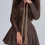 Long Sleeves Skinny Pleated Split-Joint Zipper Stand Collar Mini Dresses