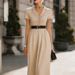 Collared Ruched Waist Midi Dress With Belt