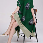 A-Line Loose Flower Print Pleated Round-Neck Midi Dresses